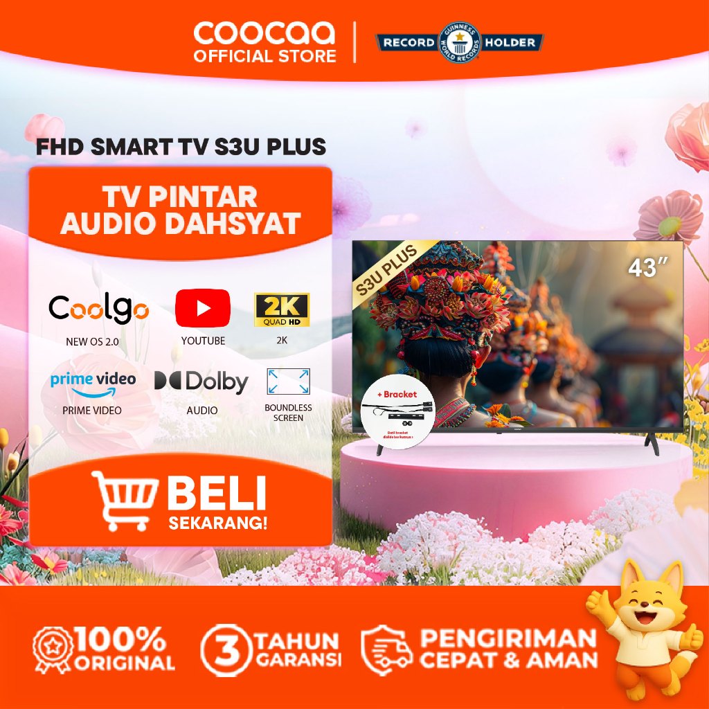 [+BRACKET] NEW COOCAA 43 inch S3U PLUS - Coolita 3.0 - Smart TV - Youtube/ Prime Video - Dolby Audio