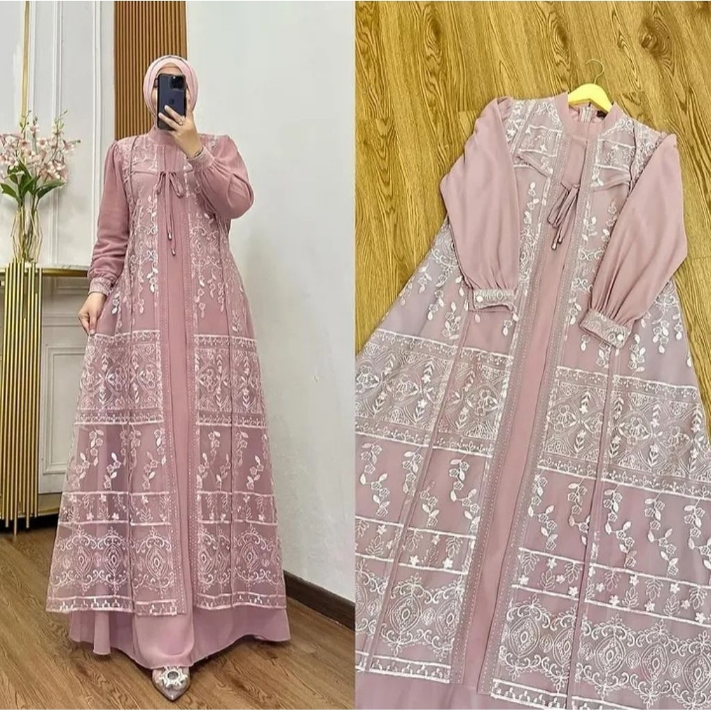 Davina Dress Elegan Muslimah Wudhu Friendly| Dress Midi Ceruty Babydoll Mix Brukat Plus Swarovski