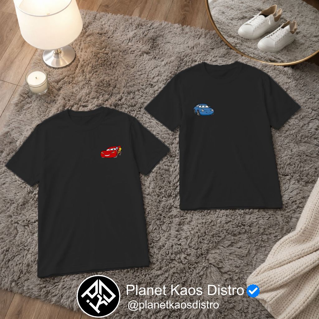 Kaos Couple Cars Lighting Mcqueen & Sally Embroidery V1 - Kaos Couple Pasangan Pria & Wanita Combed 