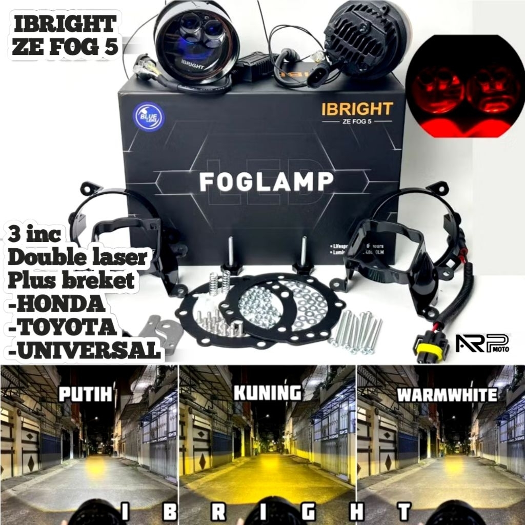 SEPASANG BILED IBRIGHT ZE FOG 5 FOGLAMP 3 INCH 3 WARNA PNP HONDA & TOYOTA  + BREKET UNIVERSAL PNP SE