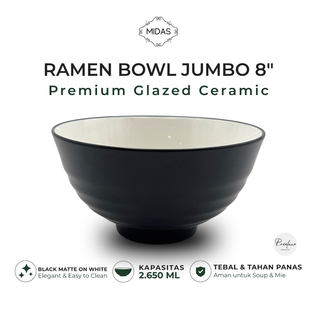 Midas Ramen Bowl Jumbo 8 inch Mangkuk Keramik Premium Glazed Hitam Putih 2650 ml Food Grade SNI BPA 