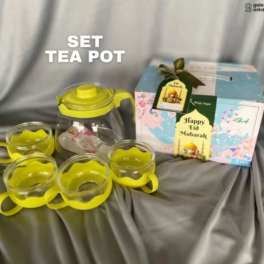 Souvenir Set Teko Kaca Elegan 1 Teko 4 Cangkir - Hijau, Tahan Panas & Bening