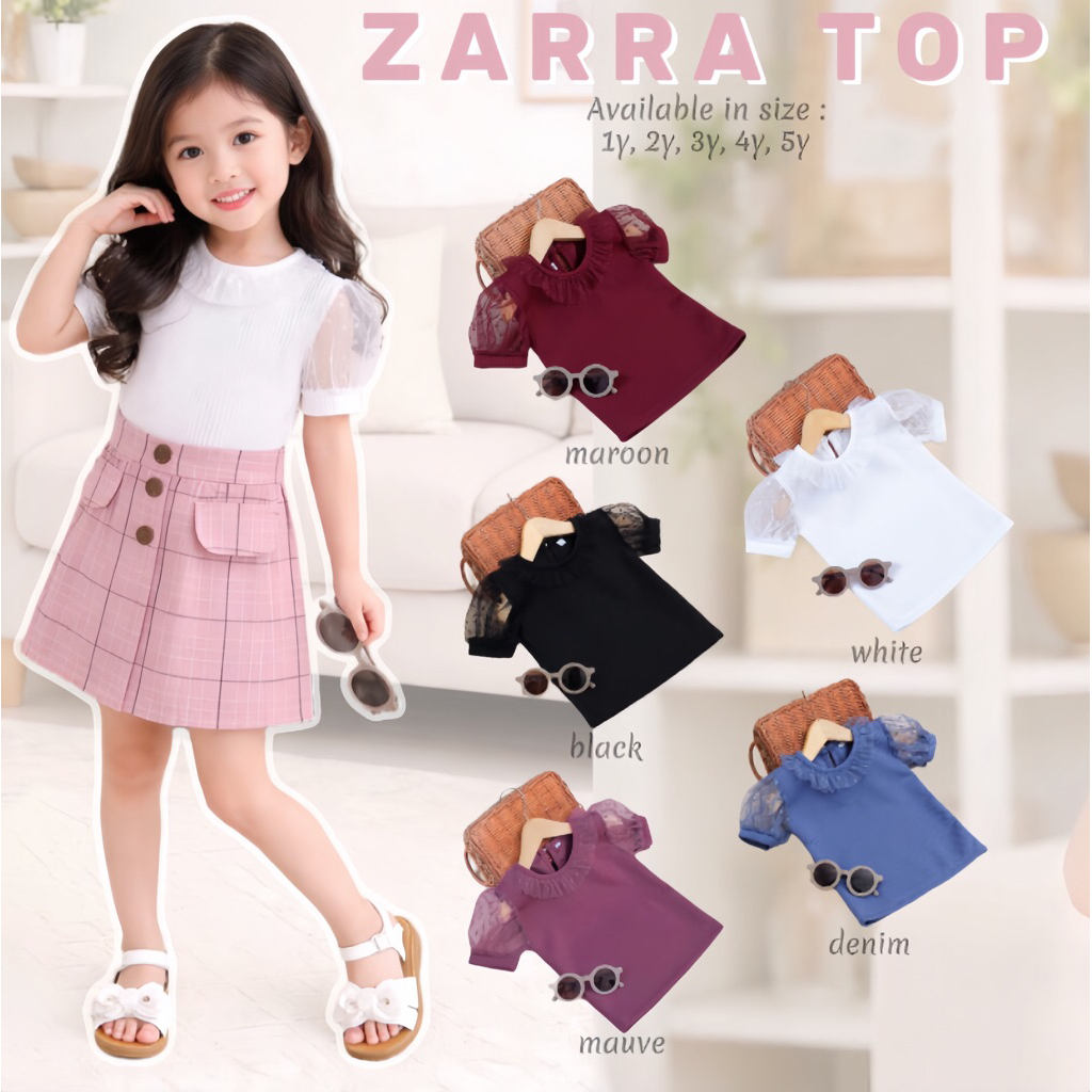 ZARRA TOP || kaos tile kaos  anak perempuan bahan mango knit aplikasi tile dotty umur 1-5tahun