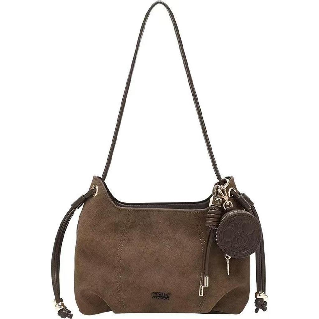 Château Bag - Tas Disney Tas Hobo Wanita Mickey Mouse Bahan Suede Cokelat dengan Aksesori Dompet Koi