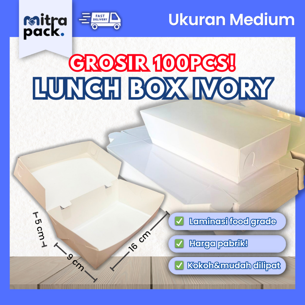 [GROSIR - 100pcs] Lunch Box Kotak Makan Ivory Putih 100pcs 16x9 / 18x11cm Full Laminasi Anti Minyak 