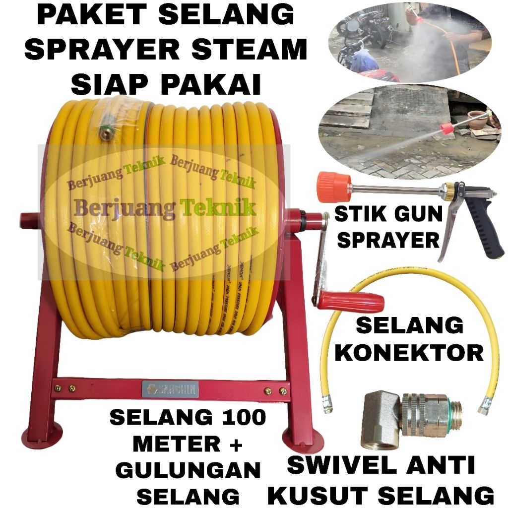 Selang Sprayer, selang steam, selang air 100 meter komplit gulungan dan stik gun sprayer