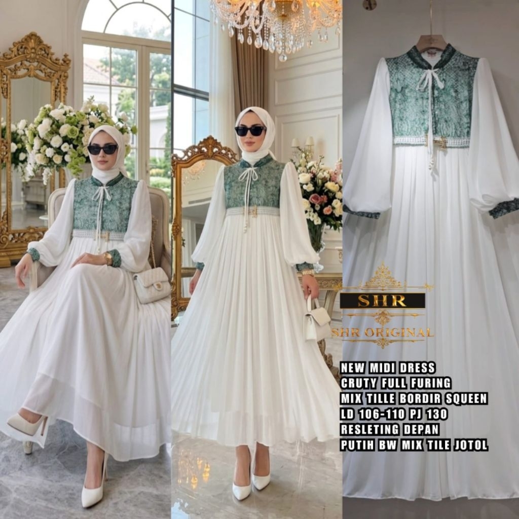 SHR MIDI DRESS CERUTY MIX TILE BORDIR