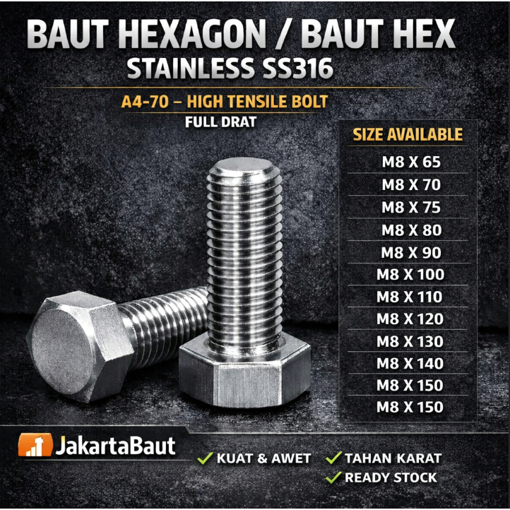 SS316 Baut Hex Stainless M8X90 - Baut Hexagon 8X90 / M8 X 90 / 8 X 90  SUS316 / A4-70 Full Drat