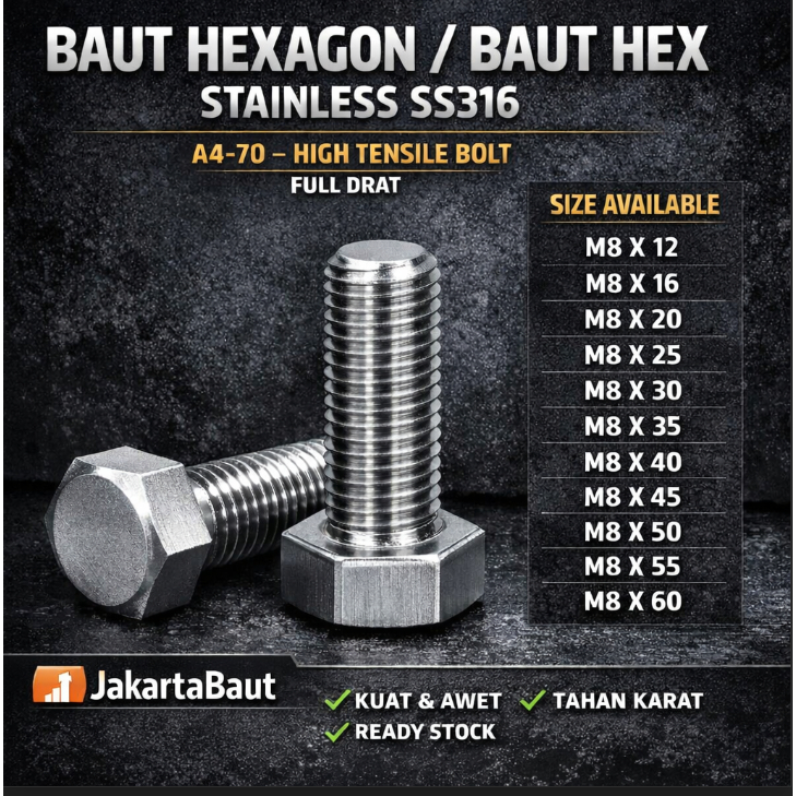 SS316 Baut Hex Stainless M8X16 - Baut Hexagon 8X16 / M8 X 16 / 8 X 16  SUS316 / A4-70 Full Drat
