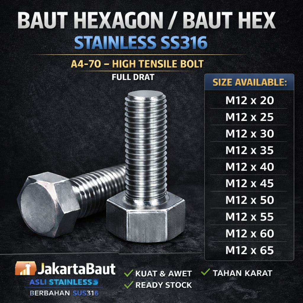 SS316 Baut Hex Stainless M12X60 - Baut Hexagon 12X60 / M12 X 60 / 12 X 60  SUS316 / A4-70 Full Drat