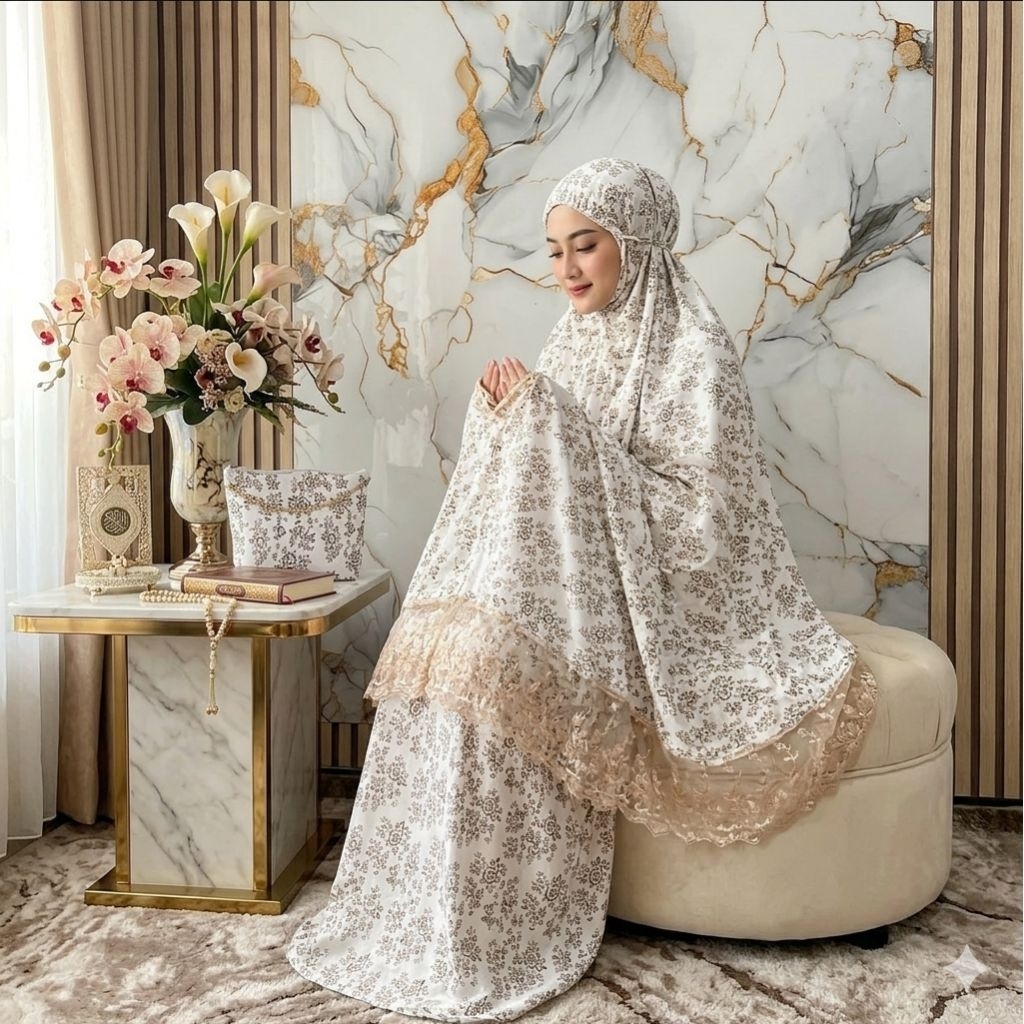 Mukena Dewasa Katun Foil Motif Bunga Travel 2in1 | Mukena Mewah Model Kekinian | Mukena Travel 2in1 