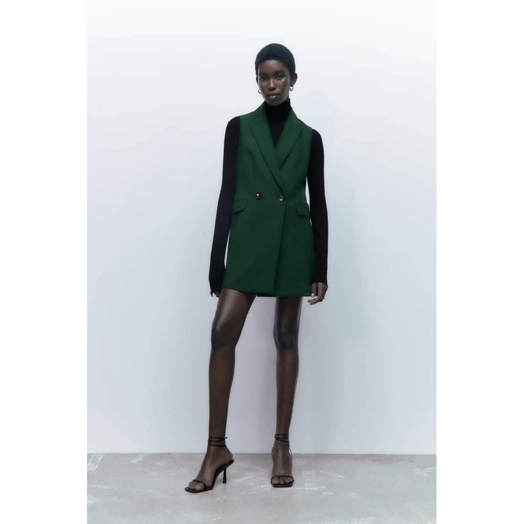 PRELOVED Zara Dark Green Basic Double Breasted Sleeveless Long Vest Midi Dress Fashion Wanita