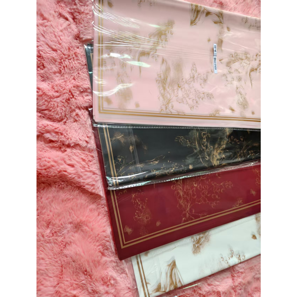 (5 lembar) Flower Wrapping Paper Paper Korea Cellophane Kertas Motif Vintage List Gold Bunga Bakung 