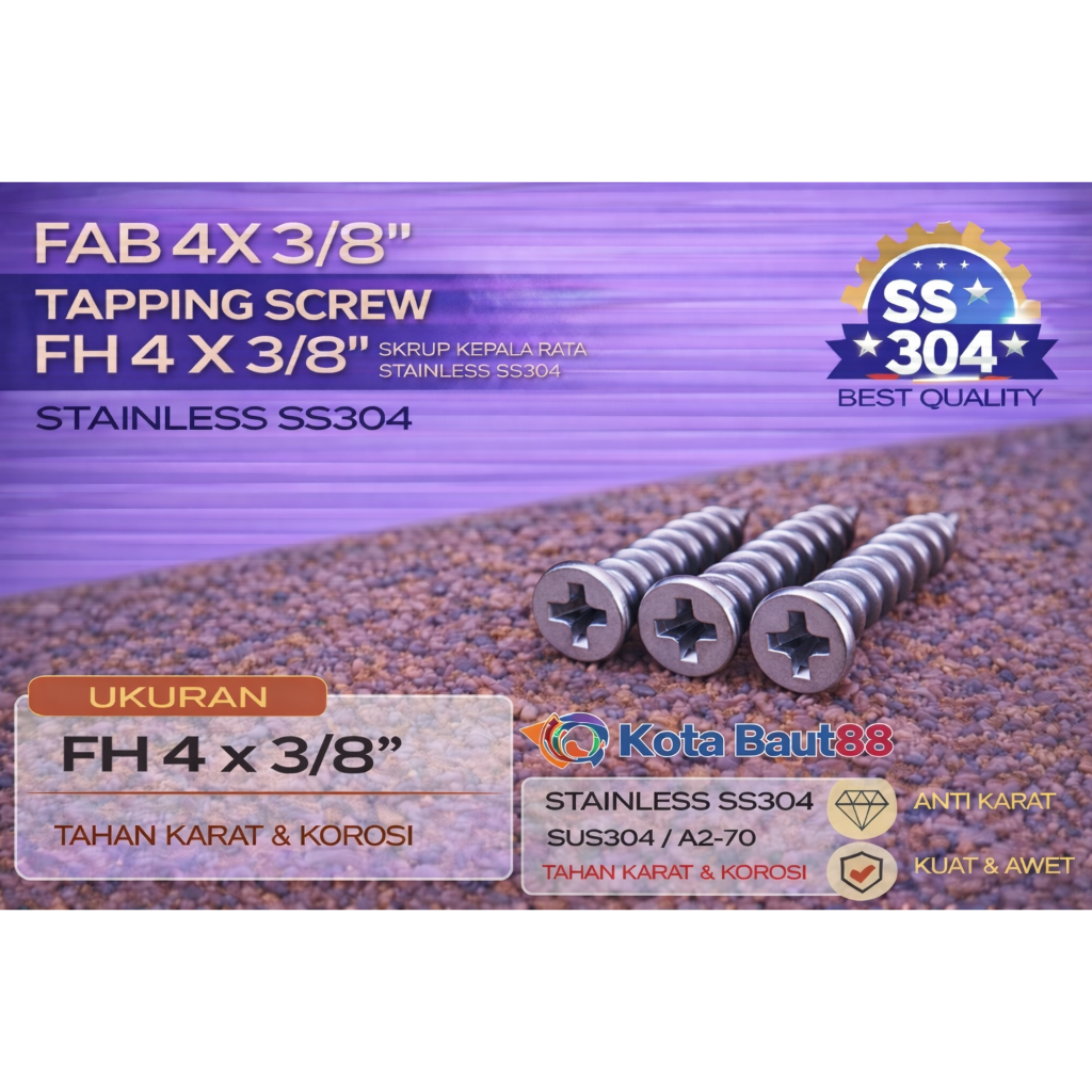 FAB 4X 3/8 Tapping Screw FH 4 X  3/8 Skrup Kepala Rata Stainless SS304