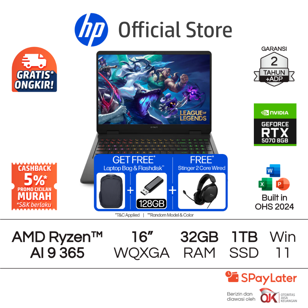 OMEN Laptop Gaming HP AMD Ryzen AI 9 NVIDIA GeForce RTX 5070 32GB RAM 1TB SSD Shadow Black Free Wind