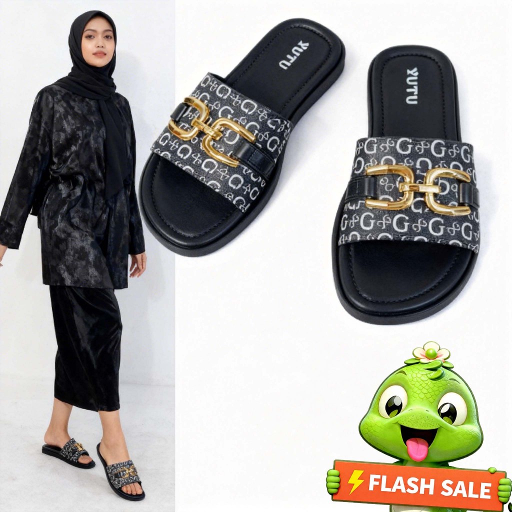 YUTU ORIGINAL - Sale Sandal Jelly Wanita Slop Tali Gesper Bahan Kasual Teplek Slip On Kekinian Flat 