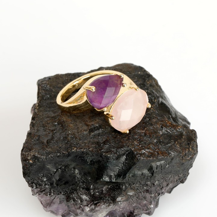 Amethyst and Rose Quartz Women Gold Ring - Made In Turkey - High Qualty - Cincin  Wanita Batu Adjust