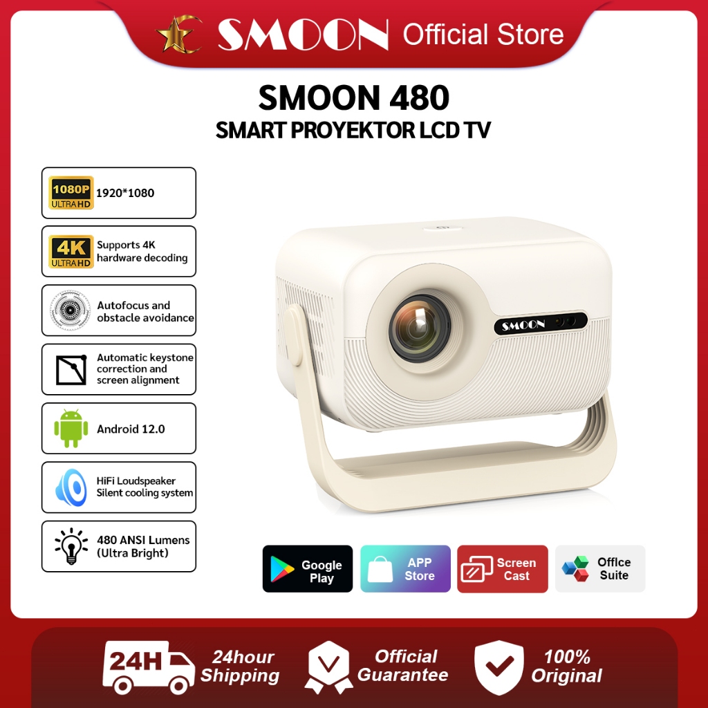SMOON 480 Ultra Smart Projector LCD TV - Proyektor Pintar - 480 ANSI Lumens - TV Android - Fokus Oto