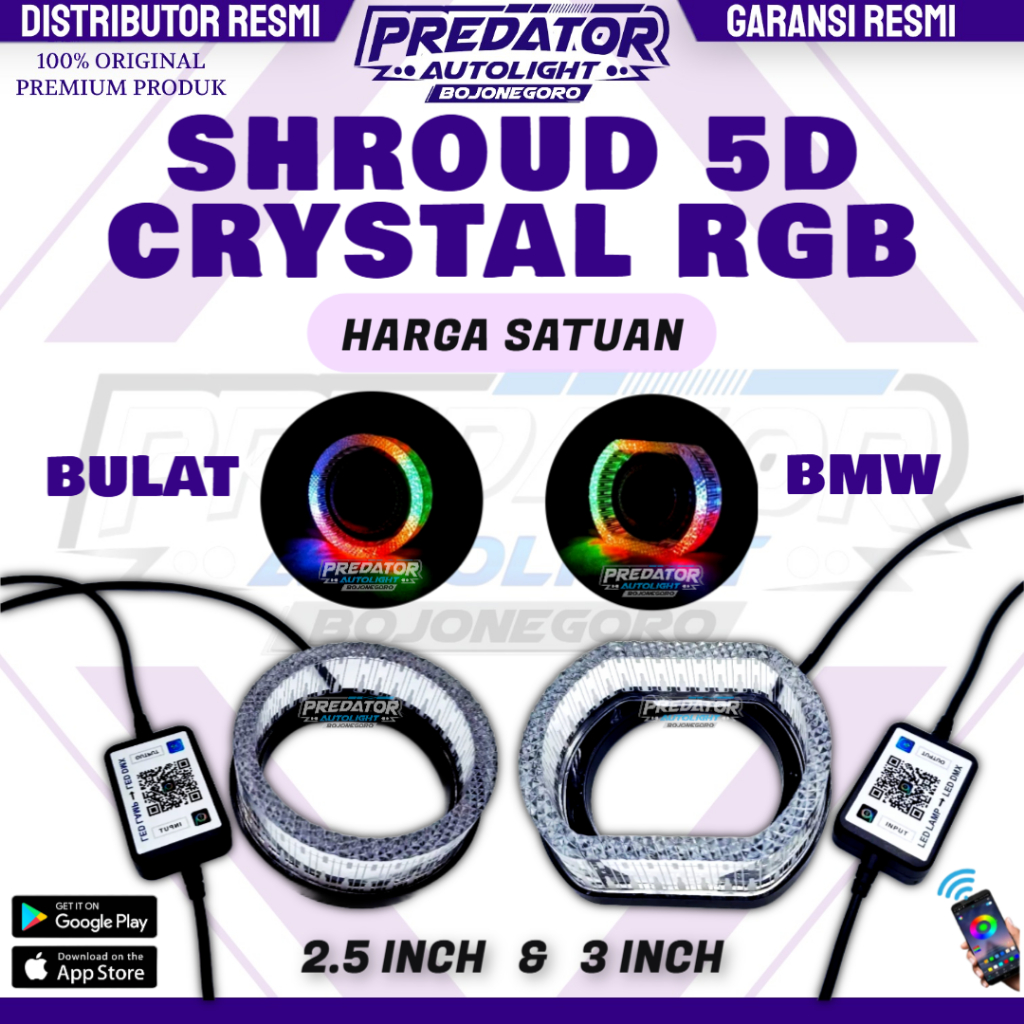 SHROUD PROJECTOR BILED ACRYLIC ANGEL EYE CRYSTAL 5D WRGB PROJIE LED BMW BULAT 3 INCH & 2.5 INCH MOTO
