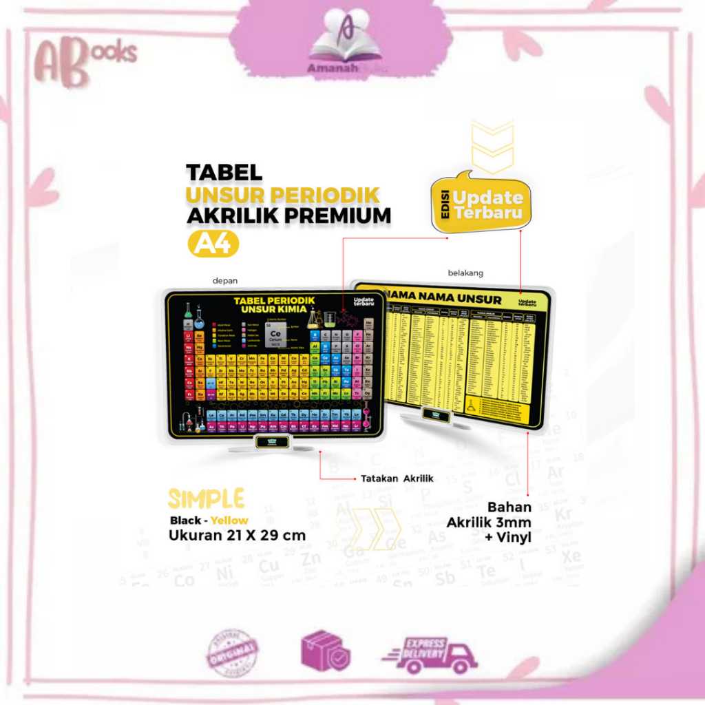 AB / Unsur Periodik Kimia Akrilik Premium , Bahan Akrilik 3MM+Vinyl ( Ukuran A4 Besar ) Edisi Update