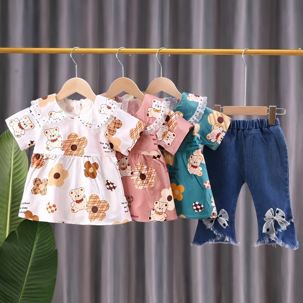 SETELAN ANAK PEREMPUAN IMPORT USIA 1- 4 TAHUN | BAJU MOTIF BERUANG & CELANA JEANS PITA | PAKAIAN ANA