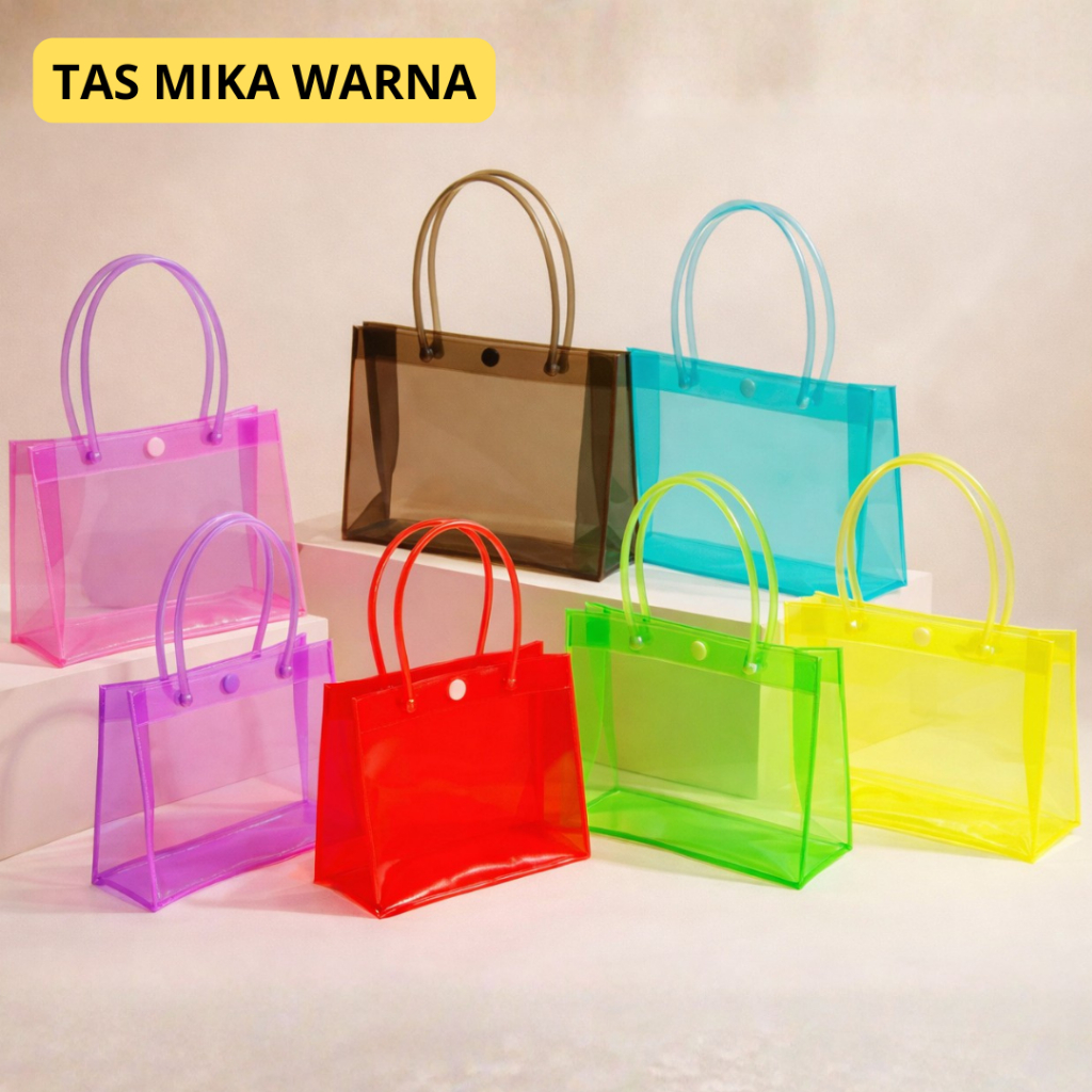 Tas Mika PVC / Tas Mika PVC Transparan Warna / Tas Transparan / Goodiebag Hampers Warna Polos Warna