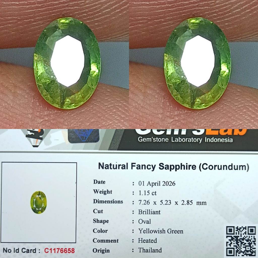 NATURAL FANCY SAPPHIRE THAILAND YELLOWISH GREEN 1.15 CARAT MEMO GLI LAB