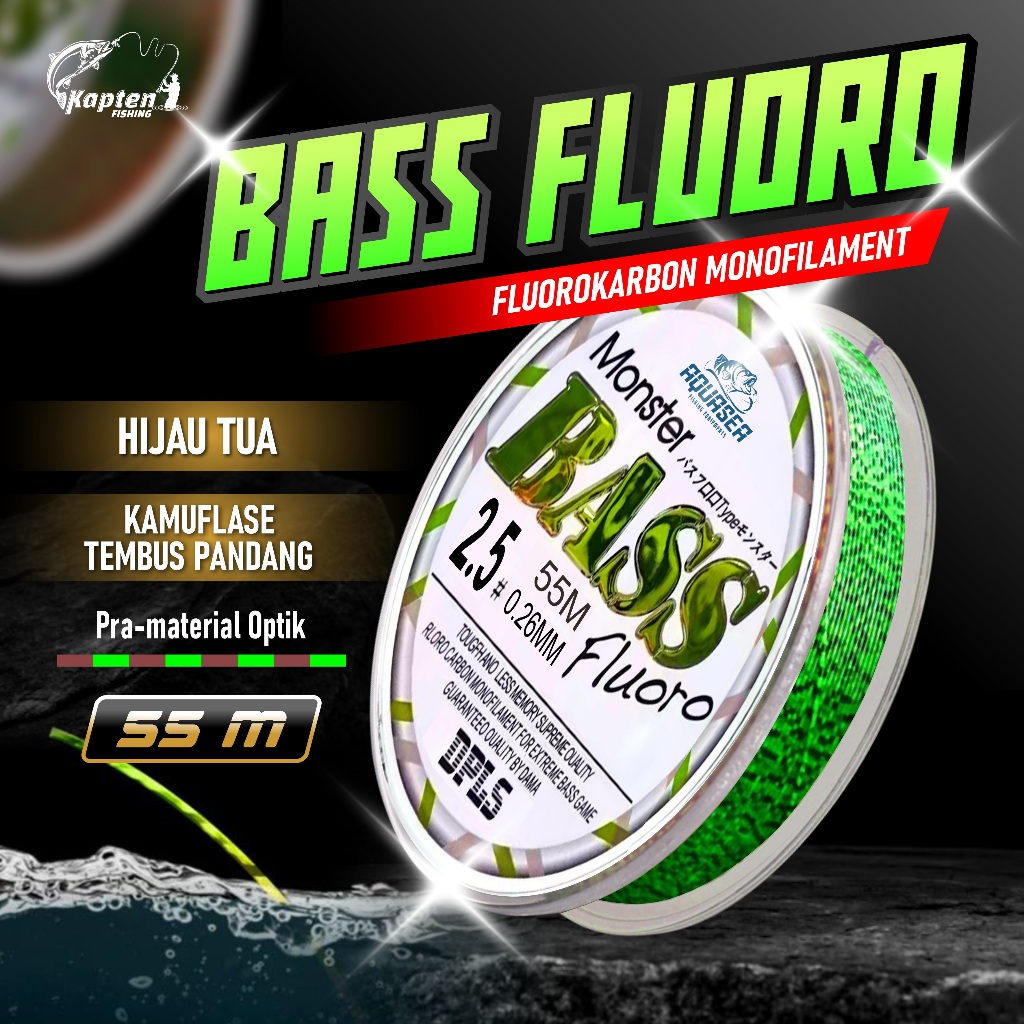 kapten fishing-senar Pancing Bass FLUOROCARBON 55M Warna Hijau tua senar pancing kuat anti keriting 