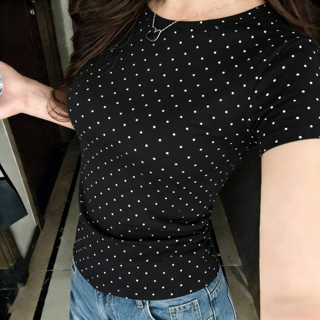 Kaos Wanita Bodyfit Crop Top Lengan Pendek/Panjang Motif Polkadot Hitam Putih OOTD Street Style Hija