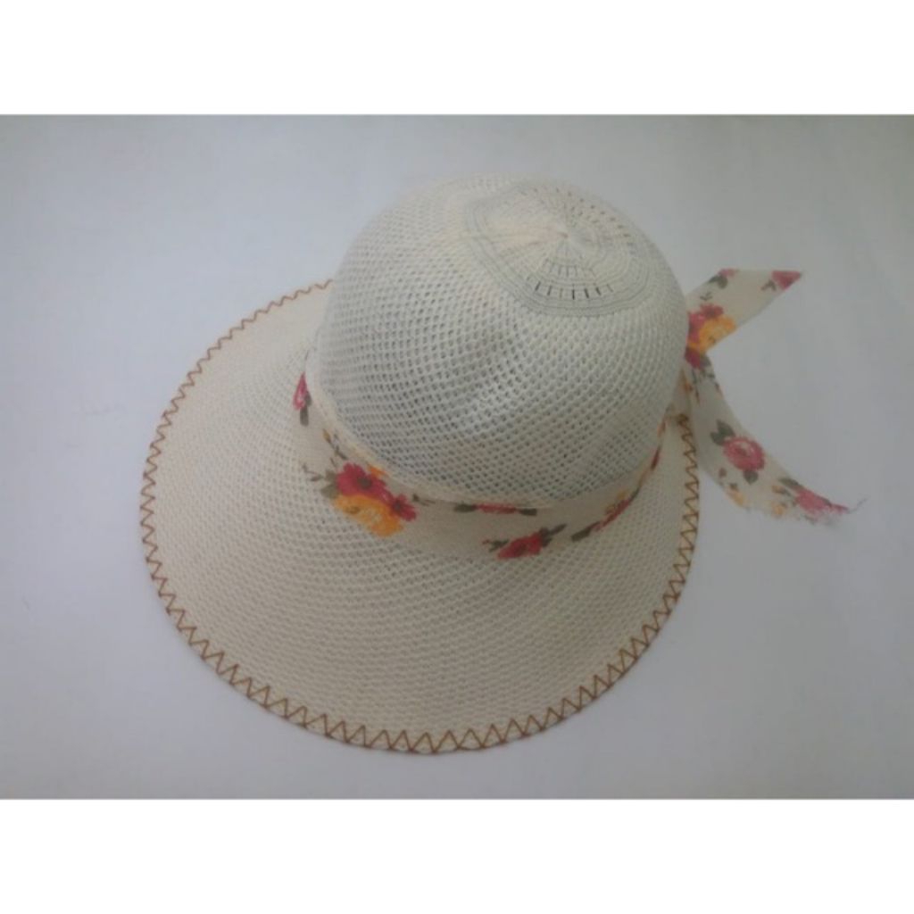 Topi Pantai Pet Lebar Pita Bunga Import