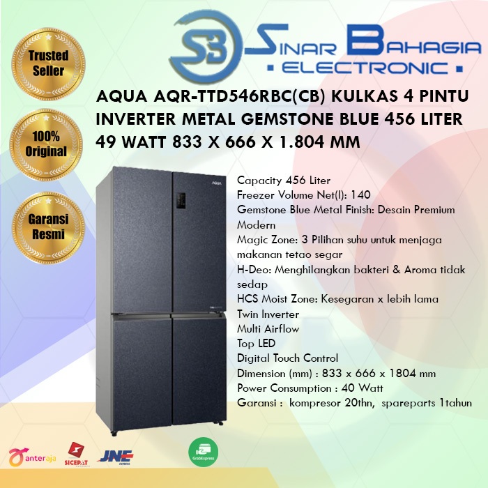 AQUAAQR-TTD546RBC(CB)KULKAS 4 PINTU INVERTER METAL GEMSTONE BLUE 456 LITER 49 WATT 833 X 666 X 1.804