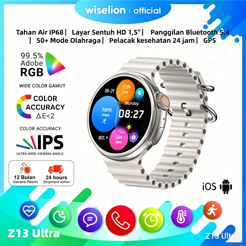 WISELION Smartwatch Z13 Ultra - Jam Tangan Pintar, Layar Sentuh 1.52", Wireless Charging, Monitor De