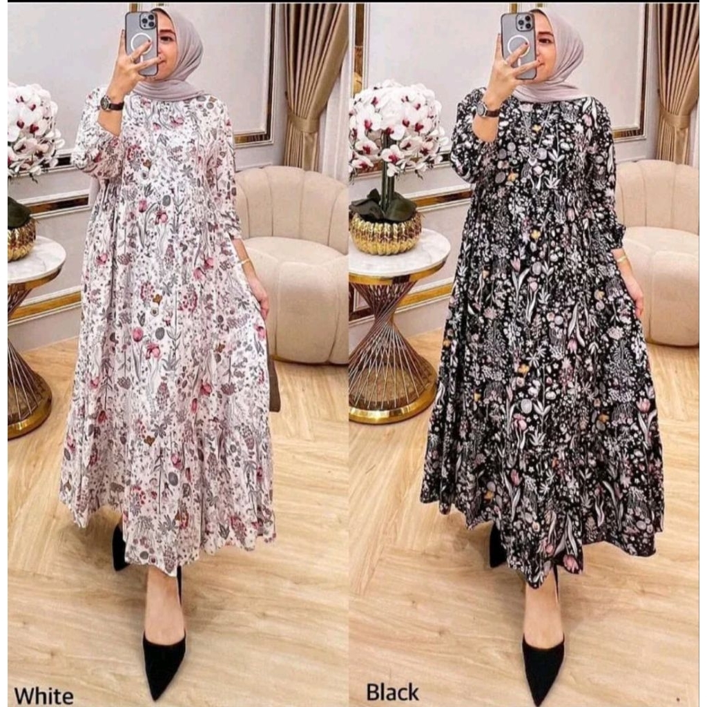 Gamis Motif Bunga Susun Ruffle Rayon Premium Busui friendly-Gamis terbaru Wanita Muslim Dewasa Rempe