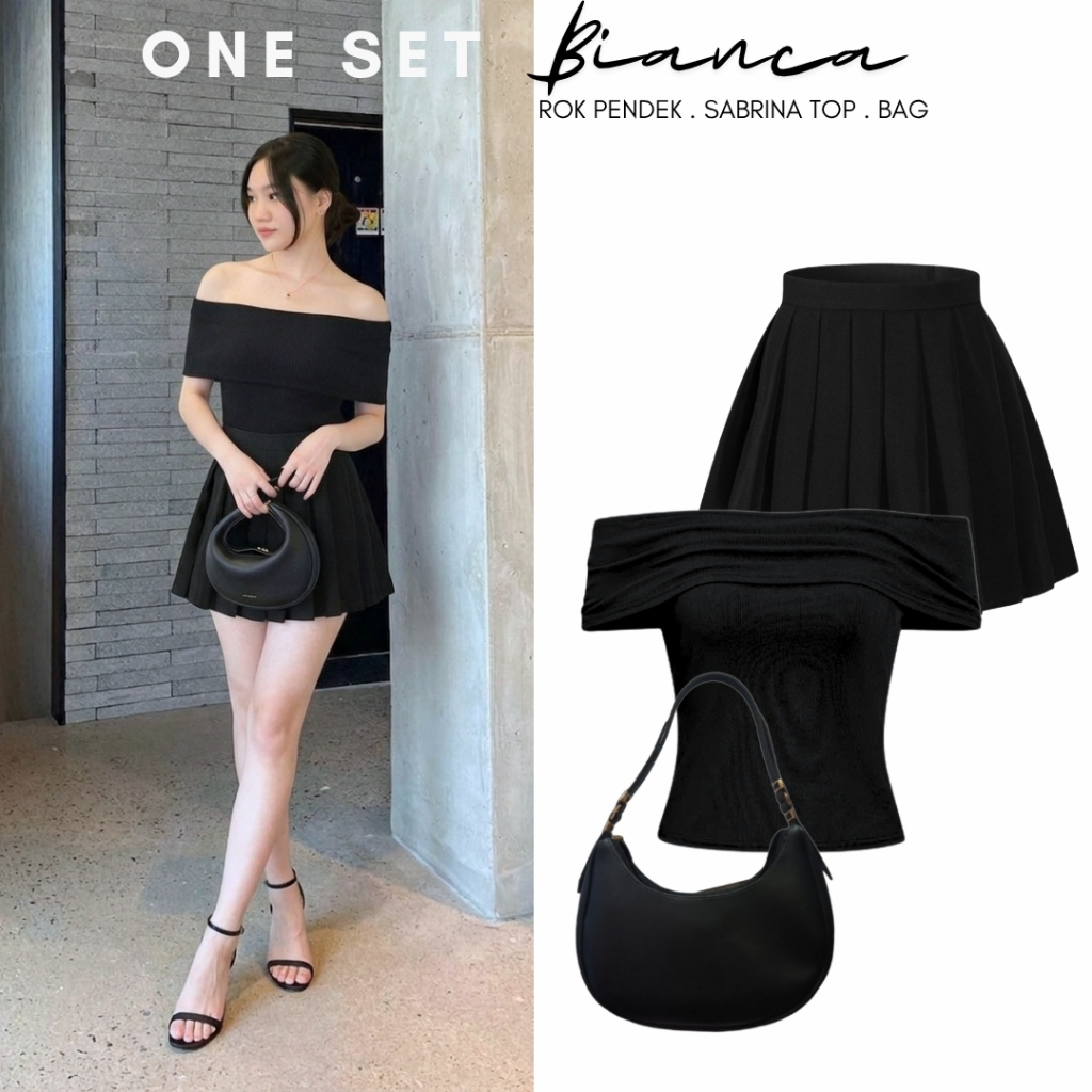 Outfit Set Wanita Korea ( Sabrina Top + Rok Pendek + Shoulder Bag ) Setelan Oneset Bianca Baju Seksi