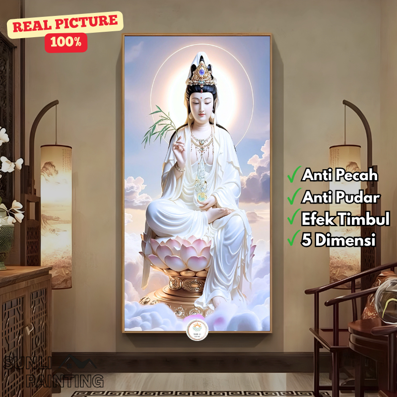 SUNLIPAINTING Lukisan Dewi Kwan Im Bahan Porcelain dengan Detail Diamond Timbul - Hiasan Dinding