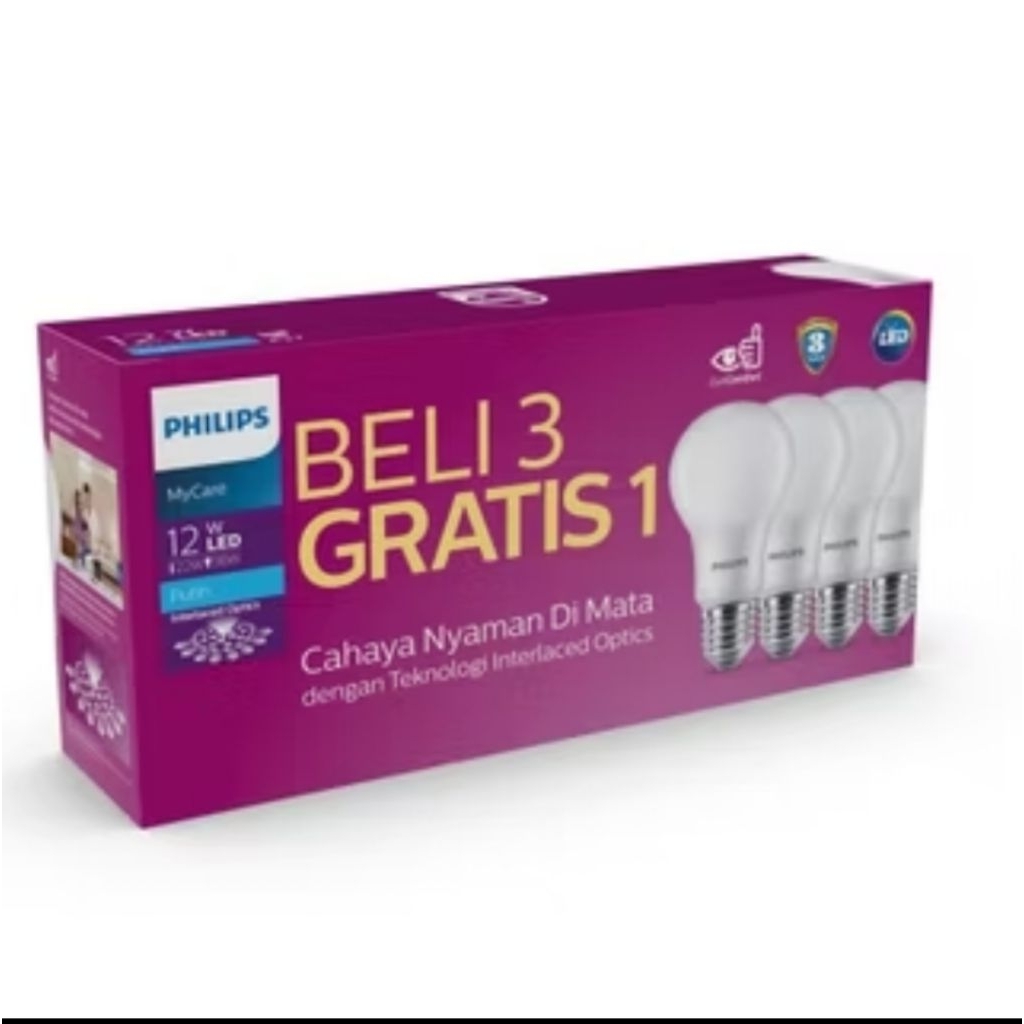 beli 3 gratis satu lampu philips LED 12 watt bulb mycare multipack