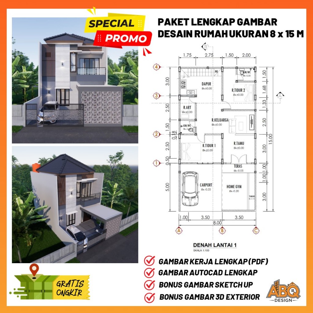 Paket Desain Rumah 2 Lantai Ukuran 8 x 15 meter 4 Kamar Tidur