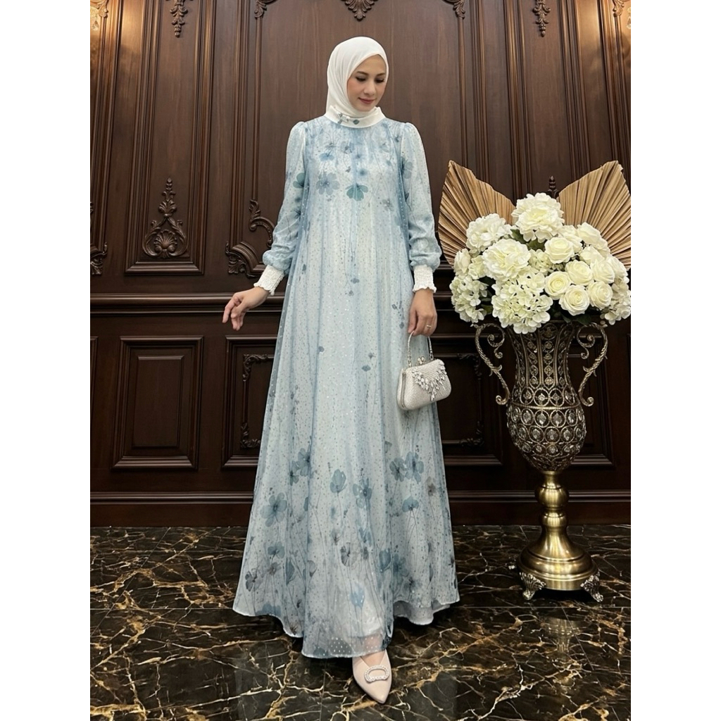 [JEMIA] Alicia Dress Rain Tile Rain Drop Glitter Silk Hijab | Gamis Pesta Elegan