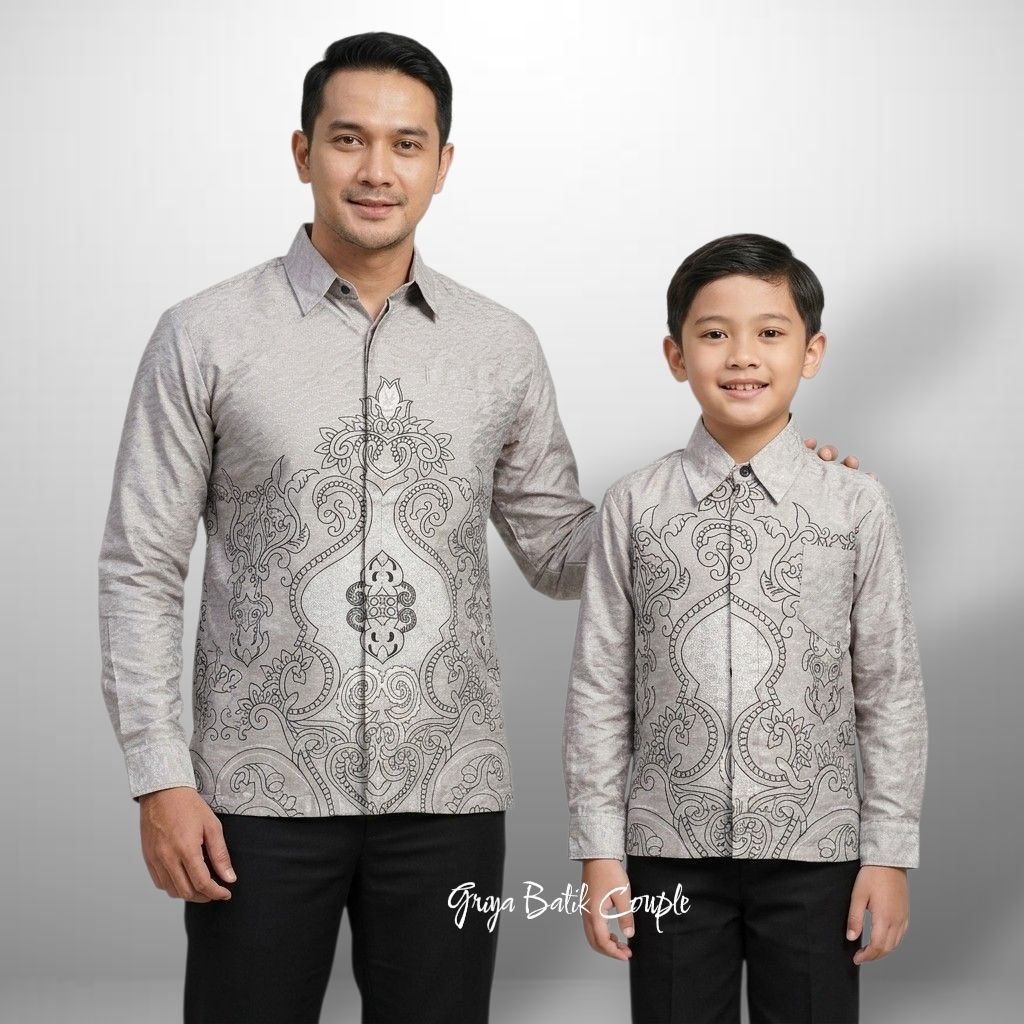 Kemeja Batik Silver Couple Ayah Dan Anak Bahan Dobby Lapis Furing Premium Lengan Panjang//batik kond
