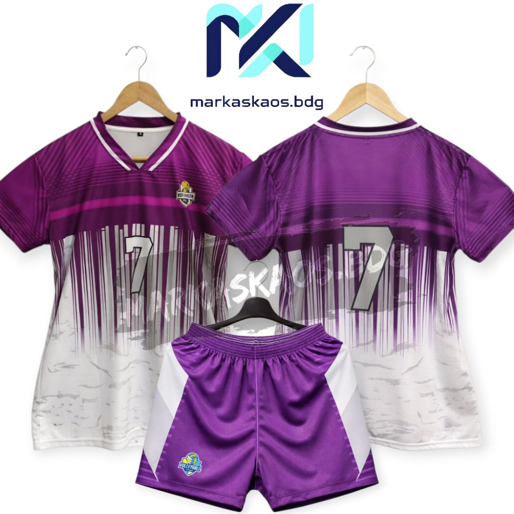 Stelan Jersey Motif Ungu Putih / Kaos Volly Wanita Dan Pria / Free Nomor Dan Nama