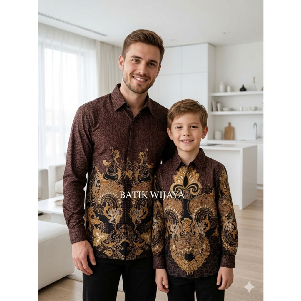 batik pasangan ayah anak coklat  Mahogany Gold mewah moderen katun premium cod