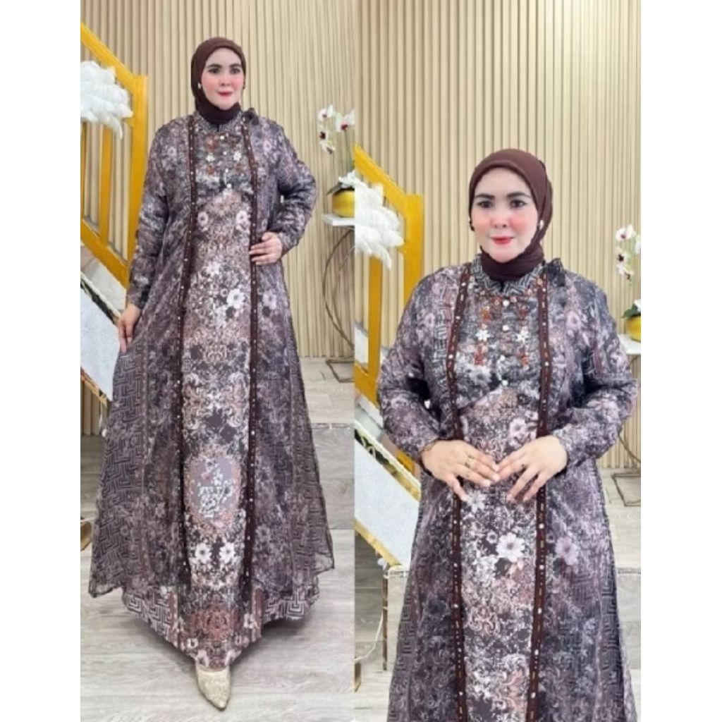 Gamis armani silk printing, rompi organza