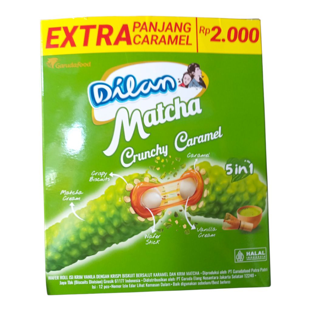 Dilan matcha crunchy caramel wafer roll isi krim vanila matcha