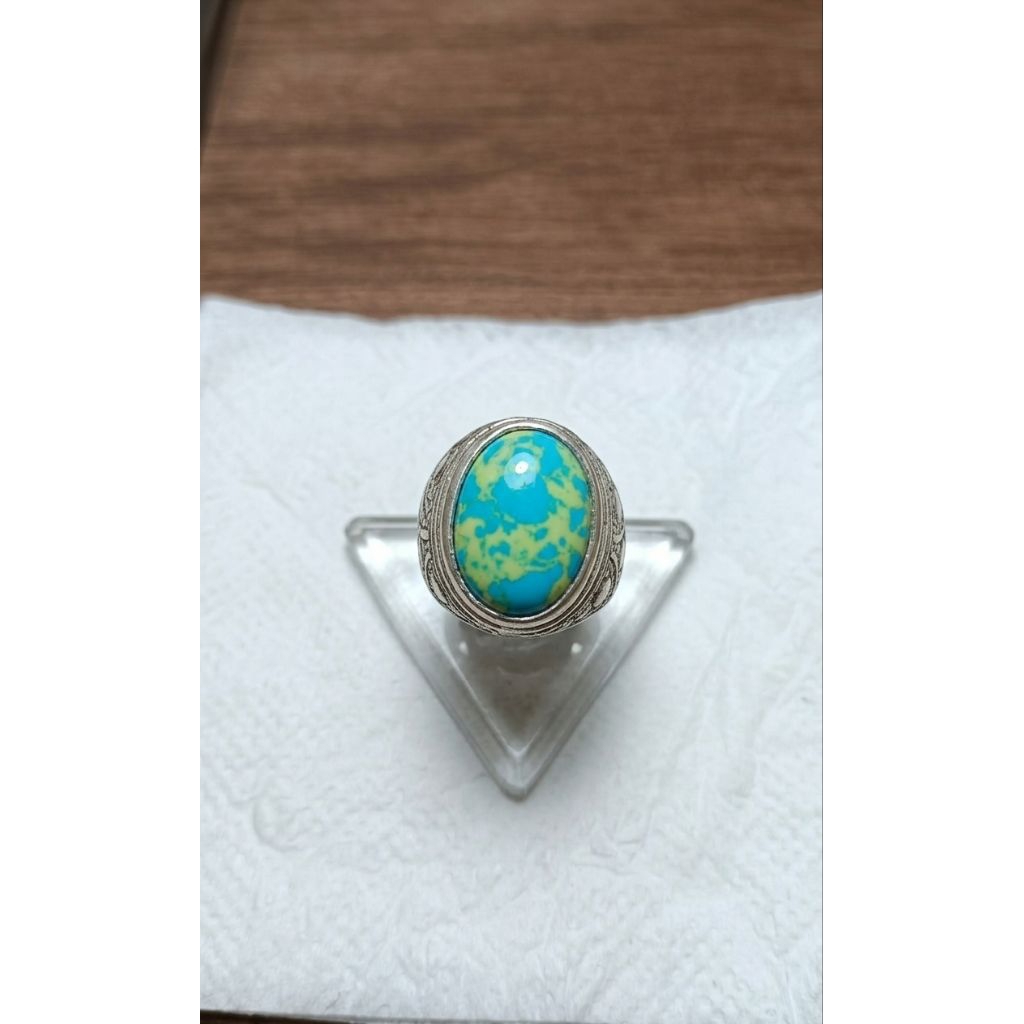 cincin baru akik pirus biru urat kuning ring ALPAKA SUPER