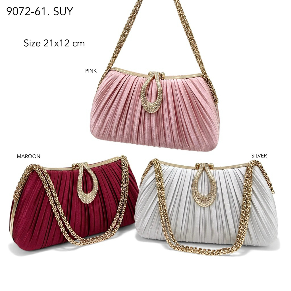 Tas Pesta Wanita Clutch Satin Pleats Rantai Gold Elegan Simple 9072-61
