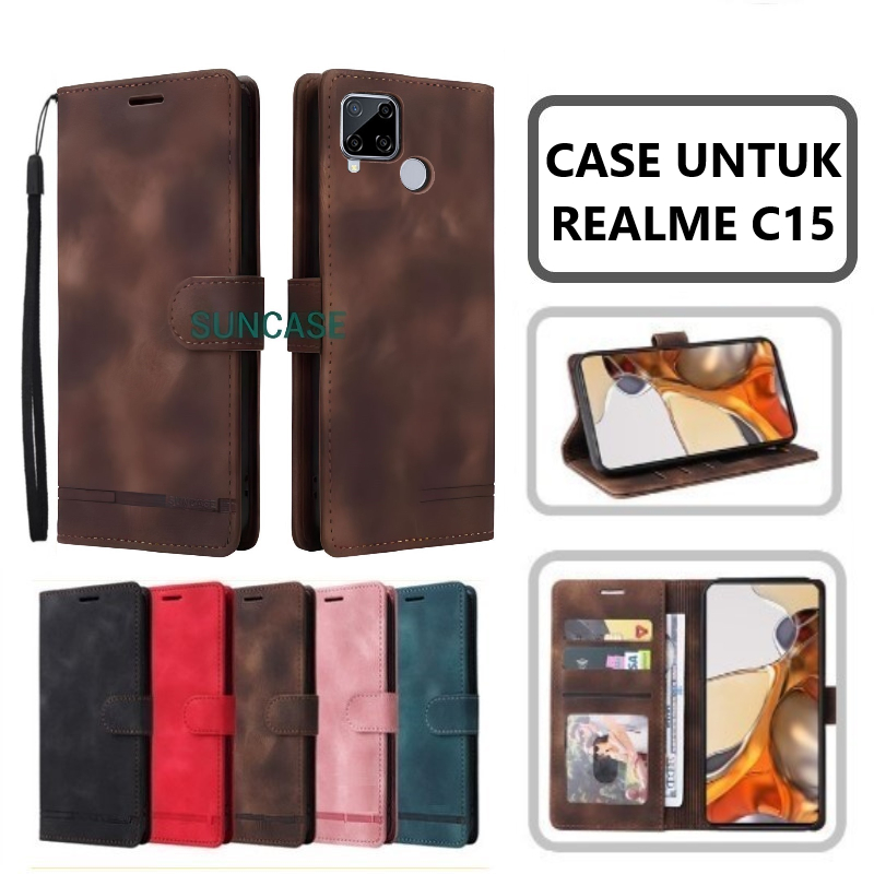 Casing hp REALME C15 model flip dompet softcase premium ada tali