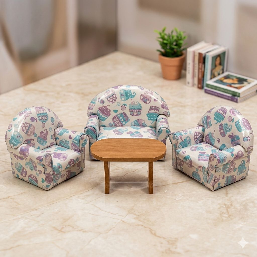 Miniatur sofa set meja kayu / mainan anak perlengkapan rumah barbie