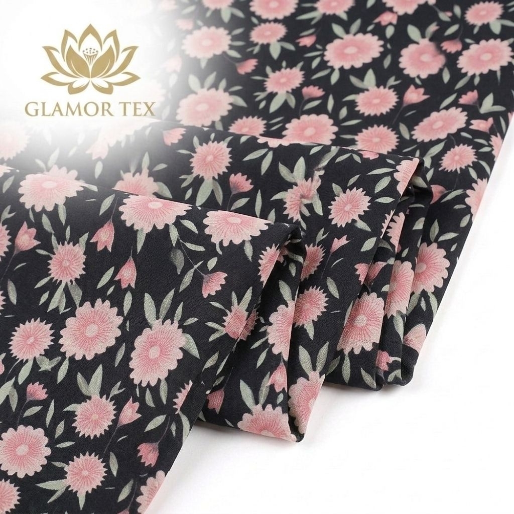 Kain Sifon Ceruty Motif Bunga Pink Dasar Hitam – Ceruty Baby Doll Premium Lembut Flowing Spt