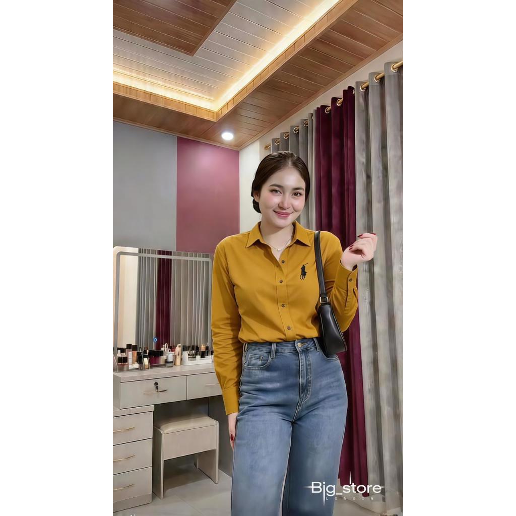 Blouse Wanita Logo Samping Leher V / Atasan Wanita Kemeja Blouse Ruffle Ballon / Blus Wanita Casual 