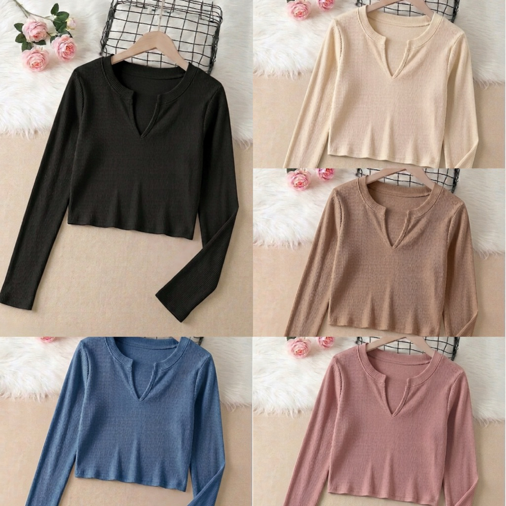 PAKET USAHA ISI 3 Atasan Wanita Kaos Rib CropTop Lengan Panjang V Neck